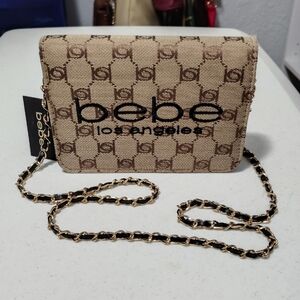 Bebe Beige and Brown Monogram Chain Crossbody Bag
